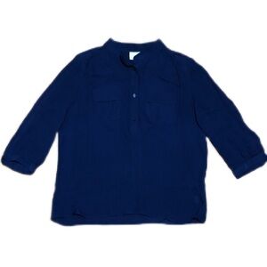 Parker Silk Popover 3/4 Sleeve Blouse w/ Mandarin Band Collar in Navy, Small